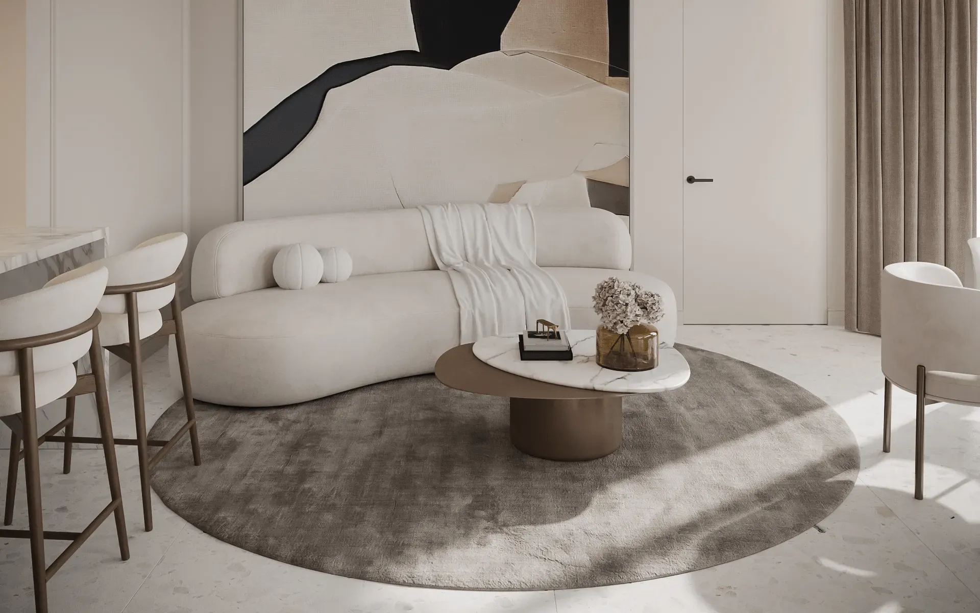 Modern Art Deco living room in Miami with a curved sofa, terrazzo floor and abstract canvas, La Perla by Timroom